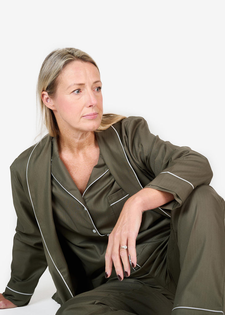 khaki robe and pyjamas